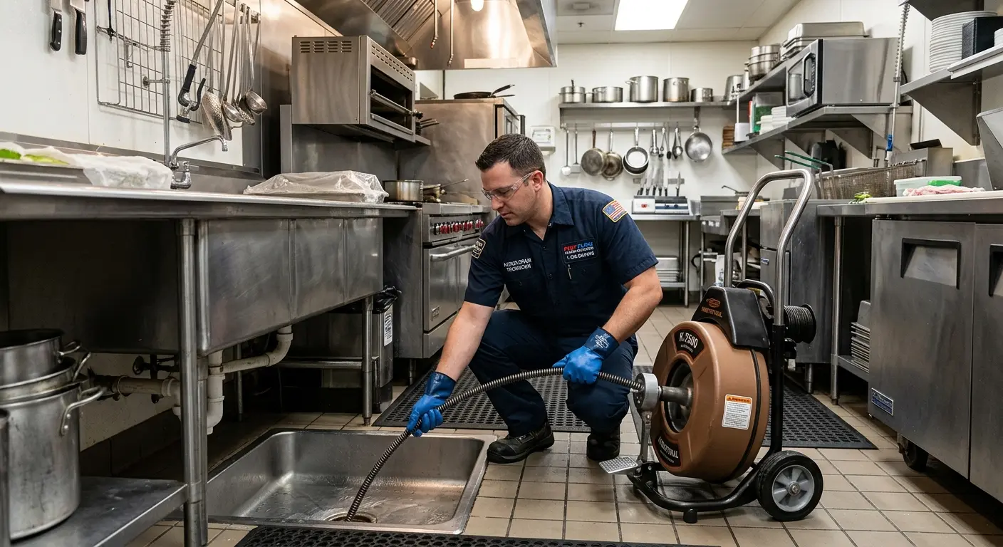Commercial drain cleaning service in a restaurant kitchen in Lamar