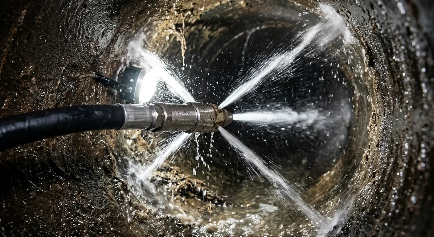 High-pressure hydro jetting nozzle cleaning sewer pipe for Trenchless Sewer Repair in Lamar