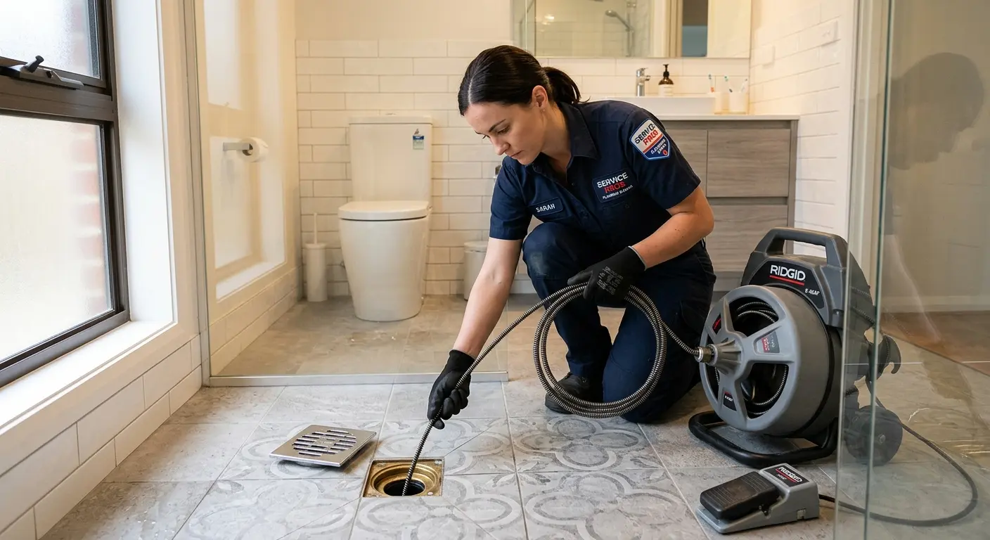 Technician clearing a bathroom floor drain for Sewer Line Installation in Lamar